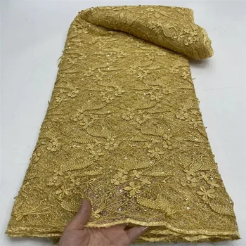 Африканская кружевная ткань 2024 Золотого цвета, высококачественная кружевная ткань из тюля с нигерийскими пайетками, Французское роскошное 3D-кружево с пайетками для свадьбы