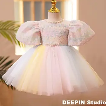 Платья для маленьких девочек 2024 года, новые платья для девочек для детей, детское платье-пачка принцессы с перьями и пайетками, одежда для вечеринки по случаю дня рождения, детская одежда