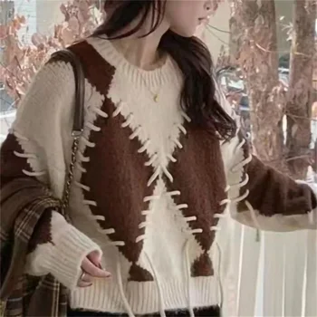 2023 осень зима Новый дизайн чувство ниши свитер женский Sueter решетки алмаза строчкой контрастного цвета свитер женский