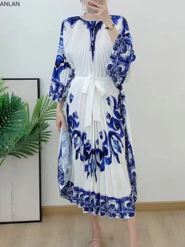ANLAN, Нерегулярное Плиссированное Платье с поясом для женщин, С круглым вырезом, Рукавами 
