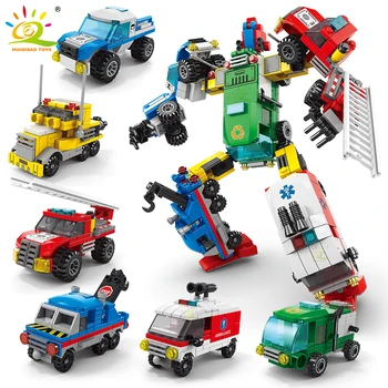 HUIQIBAO 6IN1 Деформационный Автомобиль, Робот, Строительные блоки, Скорая помощь, Полицейская машина, Механическая Кирпичная Городская Строительная Игрушка для детей в подарок