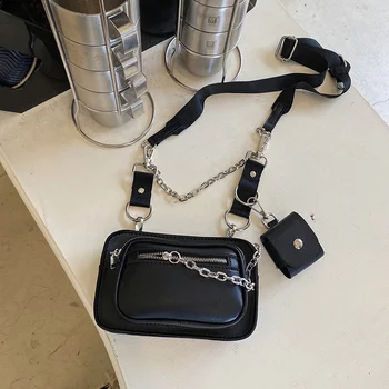 ISKYBOB Мини квадратная сумка женская крутая уличная черная с цепочками из искусственной кожи, нагрудные сумки, темно-готический дизайн, сумка через плечо для телефона, сумка