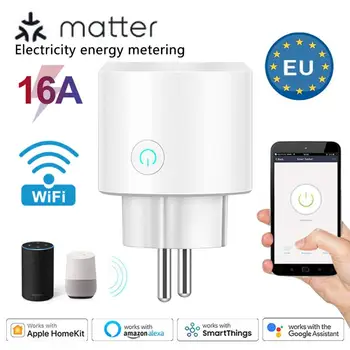 Matter Smart Power Plug Wifi 16A Измеритель мощности с Дистанционным управлением ЕС Розетка Работает с Tuya Homekit Echo Alexa Google Home Smartlife