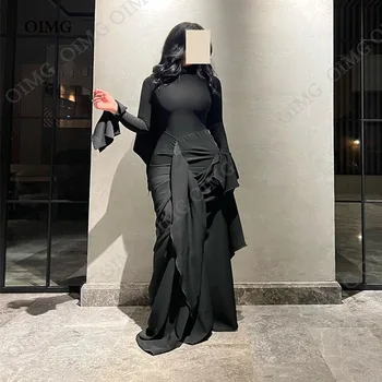 OIMG Черное платье-футляр из Саудовской Аравии Женские платья для выпускного вечера С длинными рукавами Вечерние платья для выпускного вечера с рюшами и складками Вечернее платье клубный наряд