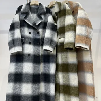 RosEvans / Осенне-зимнее Новое клетчатое двустороннее пальто из шерсти альпаки, женские высококачественные свободные куртки с двубортными лацканами и длинным рукавом