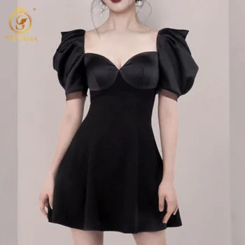 SMTHMA 2022, новое модное винтажное черное летнее платье, Женский темперамент, сексуальное высококачественное вечернее платье с V-образным вырезом, Vestidos