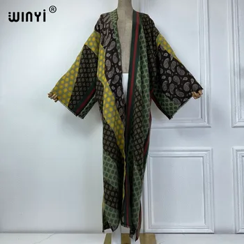 WINYI зимнее платье-кимоно для женщин с ретро принтом, Роскошное Меховое пальто, Толстое теплое пальто, модный кардиган, Ближневосточная зимняя абая