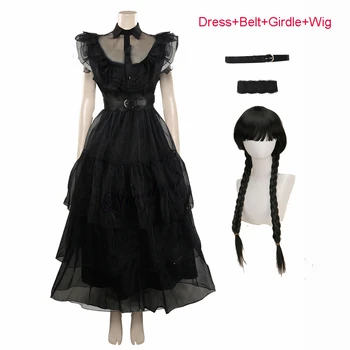 Wednesday Addams Cosplay Girl Costume 2023, Новое детское сетчатое платье для дня рождения, Парик, костюм на Хэллоуин для женщин и девочек