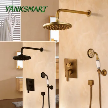 YANKSMART Ванная комната Настенный ручной набор для душа из античной латуни Наборы смесителей для душа из античной латуни и черного цвета