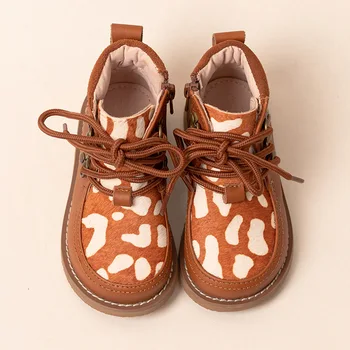 Демисезонный Леопардовый комбинезон из натуральной кожи для маленьких мальчиков, ботильоны из натуральной кожи и конского волоса для девочек, детская обувь