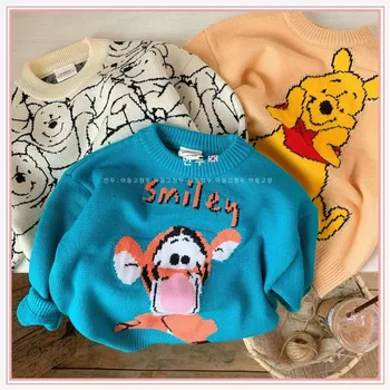 Детский свитер Disney с Винни-Пухом, осень-зима, свитер с милыми животными для мальчиков и девочек, свитер с тигрой и круглым вырезом, модный пуловер