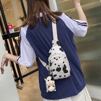Женская нагрудная сумка с милым принтом коровы, повседневная холщовая сумка-мессенджер, женская универсальная минималистичная сумка через плечо (без подвески)