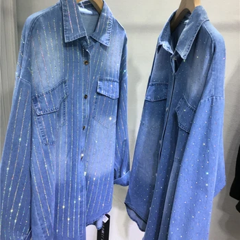 Женские рубашки с бриллиантами горячего сверления, пальто из классического денима синего цвета, свободные джинсы со стразами средней длины, Блузки, Осенний кардиган, Блузы