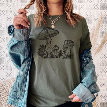 Женские футболки армейского зеленого цвета с принтом грибов, винтажная эстетическая футболка Cottagecore, футболки с рисунком милых грибов, Темная академическая одежда