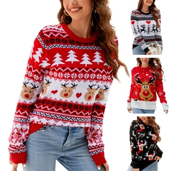 Женский Рождественский вязаный свитер с рисунком снежинки, пуловер с длинным рукавом, свитер