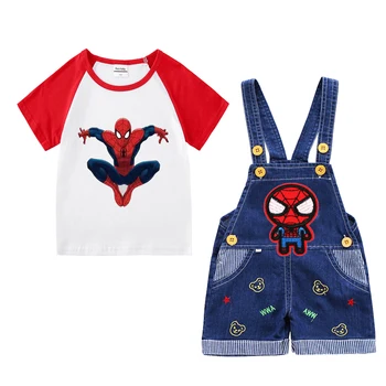 Комплекты одежды для маленьких мальчиков 1-4 лет, футболка с короткими рукавами и штаны на подтяжках, костюм Человека-паука для мальчиков, летняя одежда для мальчиков