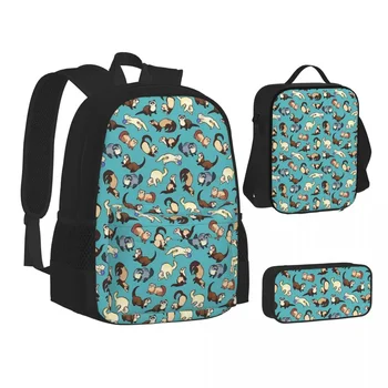 Кошачьи змеи В синих рюкзаках Для мальчиков и девочек, сумка для книг, школьные сумки для студентов, Мультяшный детский рюкзак, сумка для ланча, сумка для ручек, набор из трех предметов