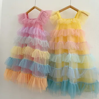 Летние платья без рукавов для маленьких девочек, детское праздничное платье принцессы с сеткой и радугой для девочек, детская школьная одежда