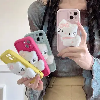 Милый Однотонный Мягкий Гелевый Чехол Для телефона Kawaii Sanrio Мультяшная Плюшевая Кукла Hello Kitty Подходит Для Iphone 15 Полный Комплект Чехла Для Телефона