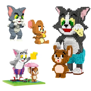 Мини-блоки для кошек и мышей, аниме-модель, Мультяшный кот, гоняющийся за мышью, Ешьте сыр, игрушка для детей, микро Строительные блоки