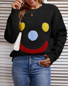 Мода 2023 Осень Зима Повседневный Приталенный Темпераментный пуловер для пригородных поездок с круглым вырезом, свитер с улыбающимся лицом, топы для женщин