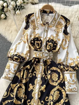 Новое модное платье Макси в стиле барокко, женское платье с длинным рукавом-фонариком, пуговицы, Золотой цветочный принт, Элегантный пояс, Вечерние платья