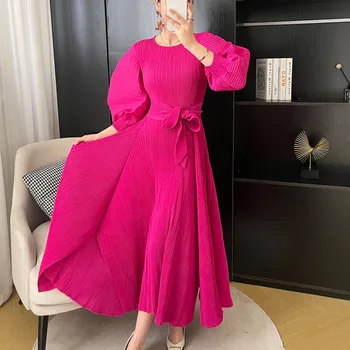 Новые осенние плиссированные платья Miyake с рукавами-пузырями, женский халат с розовым галстуком, свободный халат большого размера с длинными рукавами и высокой эластичностью