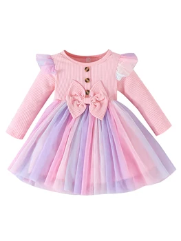 Очаровательный комбинезон для маленьких девочек с рукавами-рюшами в рубчик, бантом и юбкой-пачкой - стильный повседневный наряд для новорожденных
