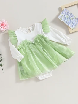 Платье-комбинезон из тюля с цветочным принтом для маленьких девочек с длинными рукавами - очаровательный наряд для новорожденных на осень и зиму