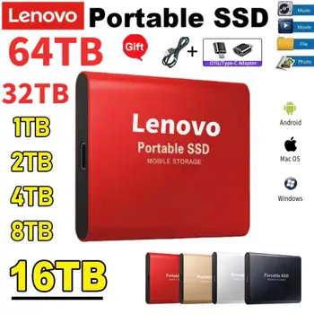 Портативный SSD-Накопитель Lenovo 8 ТБ, Высокоскоростной Мобильный Твердотельный Накопитель 16 ТБ, 500 ГБ Внешних Жестких Дисков Type-C с Интерфейсом USB 3.1 для ноутбука