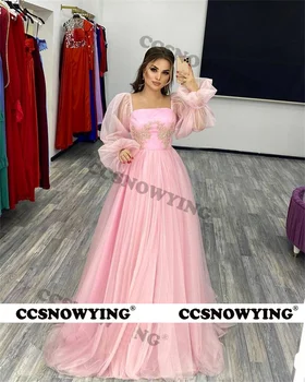 Розовые тюлевые платья с аппликацией для выпускного вечера, с пышными рукавами, трапециевидное вечернее платье для женщин, вечерние халаты