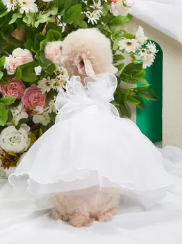 Роскошное свадебное платье для собак, Белое тюлевое платье с бантом, одежда для домашних собак породы Бишон