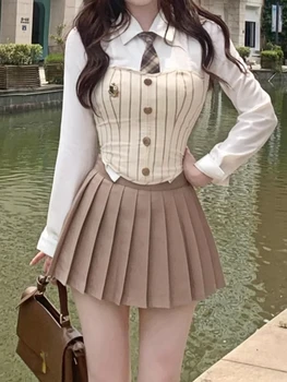 Сладкий Элегантный комплект из 3 предметов, женская Корейская модная мини-юбка для вечеринки, женский Винтажный Дизайнерский костюм с плиссированной юбкой, новинка осени 2023 года