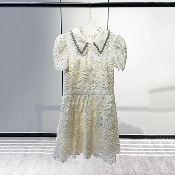 Темперамент, элегантные тонкие платья с короткими рукавами для женщин 2023, кукольный воротник, расшитый бриллиантами, водорастворимые кружевные вечерние платья