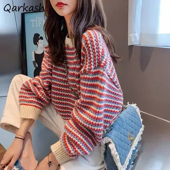 Укороченные пуловеры, женские полосатые винтажные свитера в корейском стиле, универсальные весенние свитера, женские повседневные уютные трикотажные вставки в стиле харадзюку