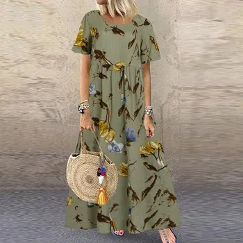 Хит продаж 2024 года Женское платье с цветочным принтом в стиле ретро с короткими рукавами и круглым вырезом