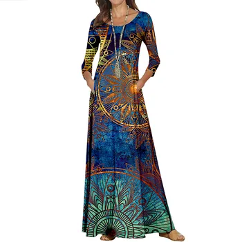 Элегантное женское синее платье с принтом, осенние винтажные вечерние платья с круглым вырезом и длинным рукавом, Свободное Длинное платье-пуловер Vestidos